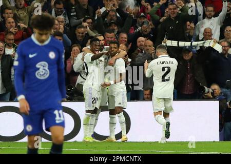 Madrid, Spain. 11th Apr, 2023. Real Madrid players celebrate during Champions League Match Day 9 between Real Madrid CF and Chelsea FC at Santiago Bernabeu Stadium in Madrid, Spain, on April 12, 2023. Credit: Edward F. Peters/Alamy Live News Stock Photo