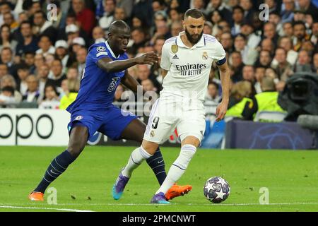Madrid, Spain. 11th Apr, 2023. Chelsea´s Koulibaly (L) and Real Madrid´s Karim Benzema (R) in action during Champions League Match Day 9 between Real Madrid CF and Chelsea FC at Santiago Bernabeu Stadium in Madrid, Spain, on April 12, 2023. Credit: Edward F. Peters/Alamy Live News Stock Photo