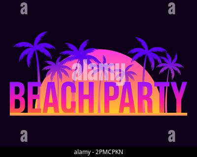Beach party poster with palm trees and sunset on black background. Gradient tropical palms. Summer time. Design for banners, booklets and promotional Stock Vector