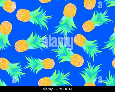 Pineapple seamless pattern. Summer fruit pattern. Pineapple fruit with gradient colors on blue background. Tropical design for posters, wallpaper, pri Stock Vector