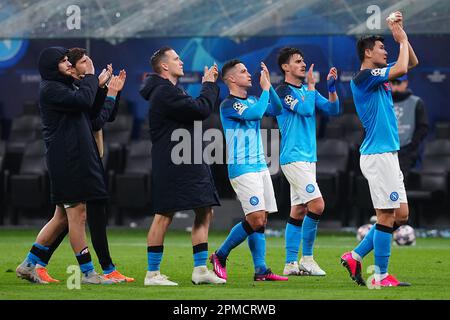 Milan, Italy. 12th Apr, 2023. Milan, Italy, April 12th 2023: Players of SSC Napoli at the end of the Champions League match between AC Milan and SSC Napoli at Meazza Stadium in Milan, Italy (Foto Mosca/SPP) Credit: SPP Sport Press Photo. /Alamy Live News Stock Photo