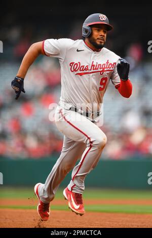 ANAHEIM, CA - APRIL 12: Washington Nationals shortstop CJ Abrams (5) swings  at a pitch during the MLB game between the Washington Nationals and the Los  Angeles Angels of Anaheim on April