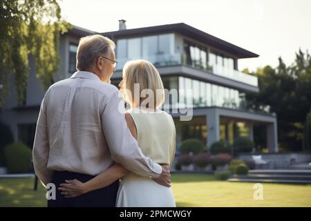 wealthy couple standing in front of a home Stock Photo