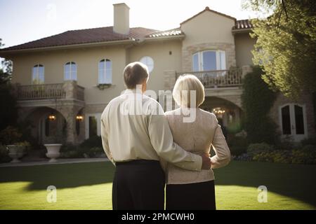 wealthy couple standing in front of a home Stock Photo