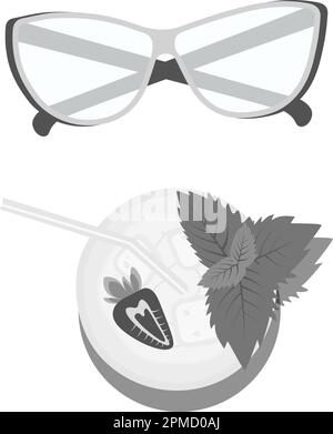 Set of glasses with clear lenses and mojito cocktail with strawberries and mint in grayscale. Isolate. Design element for advertising promotion, greeting or invitation, price or label, brochure. EPS Stock Vector