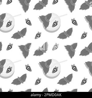 Endless pattern of cocktail with mint, half a strawberry and cocktail tube in grayscale. Summertime. Isolate. Design for wrapping, web, wallpaper or poster, banner, brochures or price tag, label. EPS Stock Vector