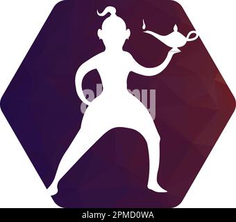 Genie Logo Design. Magic Fantasy genie concept logo. genie with action with lamp vector template. Stock Vector