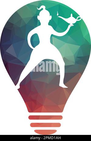 Genie Logo Design. Magic Fantasy genie concept logo. genie with action with lamp vector template. Stock Vector