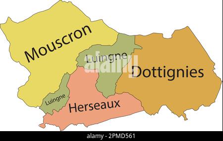 Pastel flat vector administrative map of MOUSCRON, BELGIUM with name tags and black border lines of its municipalities Stock Vector