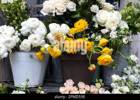 Large armfuls of pink roses, yellow and white ranunculus, bluebell, freesia, daffodils in metal pails for sale Stock Photo