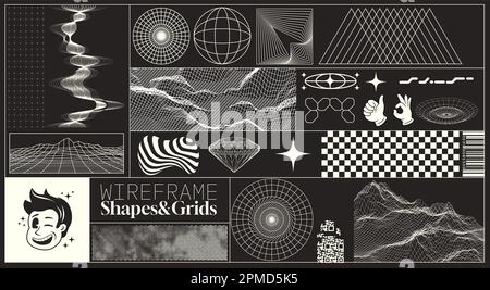 A collection of futuristic Y2K shapes and grid patterns for layouts and design. Vector illustration kit Stock Vector