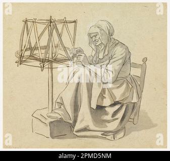 Drawing, An Old Woman Spinning; Claude-Louis Desrais (French, 1746–1816); France; graphite, pen and black ink, brush and watercolor, white chalk on rough gray paper; 20.6 x 22.5 cm (8 1/8 x 8 7/8 in.), irregular Stock Photo