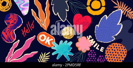 Bright and Vibrant collage of teared shapes with textures and patterns. Playful decorative vector illustration. Stock Vector