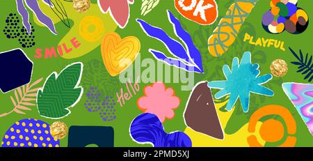 A colourful collection of Textured words and shapes collage layout. Playful vector illustration Stock Vector