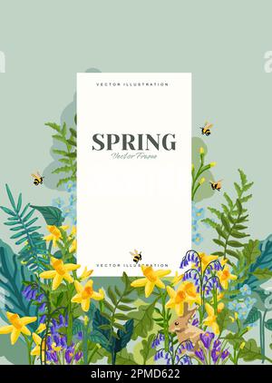 Floral Spring background layout with flowers, plants and bumblebees, vector illustration. Stock Vector