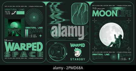 Metamodern and futuristic surreal wireframe technology and science fiction themed graphic elements. Vector Illustration Stock Vector
