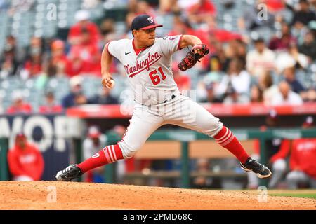 ANAHEIM, CA - APRIL 12: Washington Nationals shortstop CJ Abrams (5) swings  at a pitch during the MLB game between the Washington Nationals and the Los  Angeles Angels of Anaheim on April