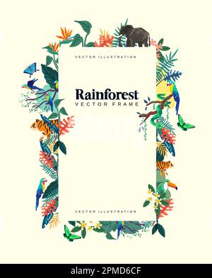 Wild and tropical rainforest frame design with plants and animals. Vector decorative illustration. Stock Vector