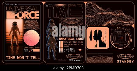Metamodern and futuristic surreal wireframe technology and science fiction themed elements and layout.. Vector Illustration Stock Vector