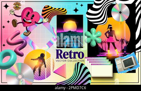 A collection of retro postmodern stickers, shapes and textures with styles from the 80s and 90s. Vector illustration Stock Vector