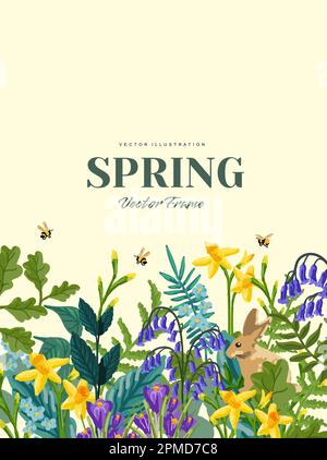 Fresh and colourful Spring flowers with bumblebees. Floral background vector illustration. Stock Vector