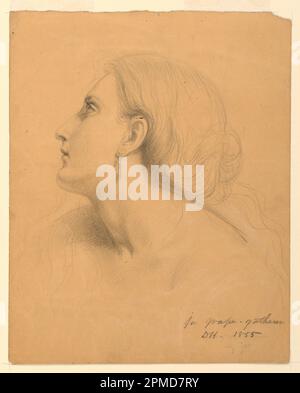 Drawing, Study of a Woman's Head for 'Grape Gatherers'; Daniel Huntington (American, 1816–1906); USA; graphite, chalk on light brown paper; 23.4 x 18.6 cm (9 3/16 x 7 5/16 in.); Bequest of Erskine Hewitt; 1942-50-136 Stock Photo