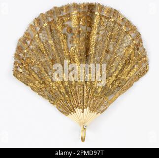 Pleated Fan And Case; silk net leaf embroidered with gold spangles, carved, pierced and gilded bone sticks, mother-of-pearl washer, gilt metal bail Stock Photo