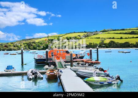 RNLI Baltic Exchange III all-weather lifeboat moored at Lifeboat Station in Salcombe Harbour and Kingsbridge Estuary, South Hams, Devon, England, UK Stock Photo