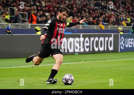 Davide Calabria (AC Milan) during the UEFA Champions League, Quarter-finals, 1st leg football match between AC Milan and SSC Napoli on April 12, 2023 at San Siro stadium in Milan, Italy - Photo Luca Rossini / E-Mage Stock Photo