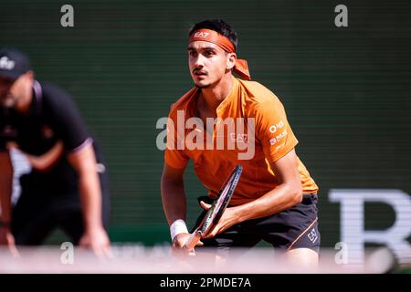 Monte Carlo, Monaco. 12th Apr, 2023. Monte-Carlo Country Club MONTE-CARLO, MONACO - APRIL 12: Lorenzo Sonego of Italy in action against Daniil Medvedev during day four of the Rolex Monte-Carlo Masters at Monte-Carlo Country Club on April 12, 2023 in Monte-Carlo, Monaco. (Photo by Marcio Machado/Eurasia Sport Images/SPP) (Marcio Machado/Eurasia Sport Images/SPP) Credit: SPP Sport Press Photo. /Alamy Live News Stock Photo