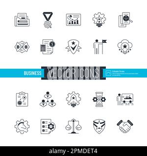Business monochrome symbols containing such as organization, startup, innovation, strategy, analysis, teamwork, brand management, planning, leadership Stock Vector