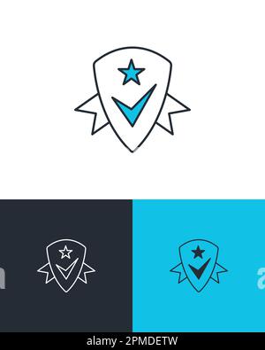 Shield with check mark, ribbon and star shape. Certified reliable product or service concept. Quality assurance icon on three different backgrounds. Stock Vector