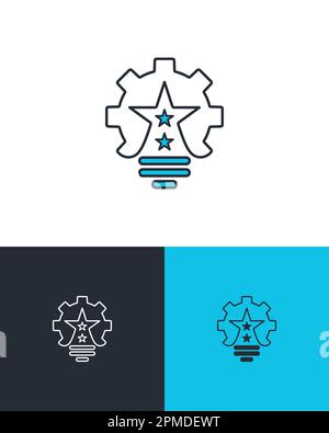 Light bulb symbol with gear and star shapes. Brand ideas, values, recognition and innovation concept. Business vector icon on three different backgrou Stock Vector