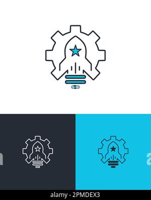 Rocket with light bulb and gear. Creative start up ideas or new projects concept. Business vector icon on three different backgrounds. Stock Vector