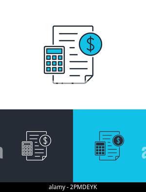 Audit report with calculator and coin. Accounting and budget control concept. Business vector icon on three different backgrounds. Stock Vector