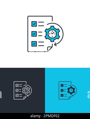 To do list with clock and gear on note paper. Task planning, project and time management concept. Business vector icon on three different backgrounds. Stock Vector
