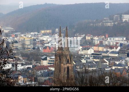 Steeples of St. Elizabeth's Church, view from Schlossberg on background of townscape, Marburg, Germany Stock Photo