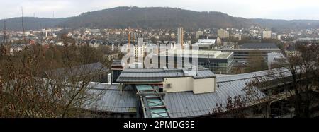 Panoramic view of the western part of the town, with green hills of Lahnberge in the background, Marburg, Germany Stock Photo