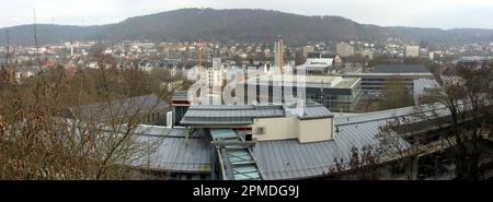 Panoramic view of the western part of the town, with green hills of Lahnberge in the background, Marburg, Germany Stock Photo