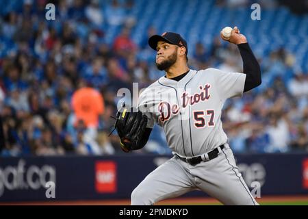 April 13 2022: Detroit pitcher Eduardo Rodriguez (57) throws a pitch during  the game with Boston Red Sox and Detroit Tigers held at Comercia Park in  Detroit Mi. David Seelig/Cal Sport Medi(Credit