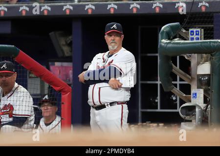 ATLANTA, GA - APRIL 12: Atlanta Braves starting pitcher Spencer Strider #99  looks on from the dugout during the MLB game between the Cincinnati Reds  and the Atlanta Braves on April 12