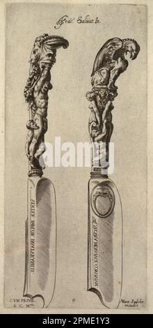 Print, Two Knives; Designed by Francesco Salviati (Italian, 1510 – 1563); Print Maker: Aegidius Sadeler (1570 – 1629); After Cherubino Alberti (Italian, 1553–1615); Italy; engraving on off-white laid paper; Platemark: 24.6 x 11.6 cm (9 11/16 x 4 9/16 in.) Sheet: 29 x 16.6 cm (11 7/16 x 6 9/16 in.) Stock Photo