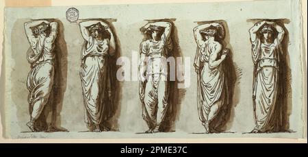 Drawing, Five Caryatids; Designed by Felice Giani (Italian, 1758–1823); Italy; pen and brown ink, brush and brown wash over traces of graphite on blue laid paper; 16.7 x 36 cm (6 9/16 x 14 3/16 in.) Stock Photo