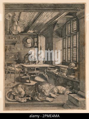 Print, Saint Jerome in his Cell, after 1514; After Albrecht Dürer (German, 1471–1528); Germany; engraving on laid paper; Platemark: 24.2 × 18.6 cm (9 1/2 × 7 5/16 in.) 24.6 × 19 cm (9 11/16 × 7 1/2 in.); Bequest of George Campbell Cooper; 1896-3-26 Stock Photo