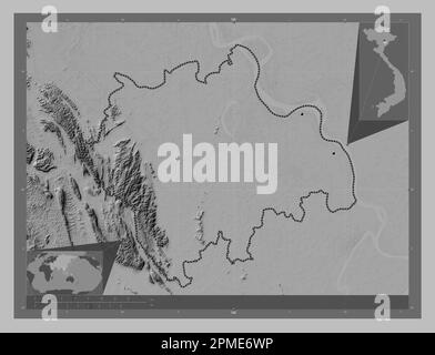 Ha Nam, province of Vietnam. Grayscale elevation map with lakes and rivers. Locations of major cities of the region. Corner auxiliary location maps Stock Photo