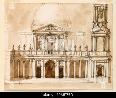 Drawing, Elevation of a church; Architect: Giuseppe Barberi (Italian, 1746–1809); Italy; pen and brown ink, brush and brown wash, red ink on off-white laid paper, lined; Image: 20 x 25.4 cm (7 7/8 x 10 in.) Stock Photo