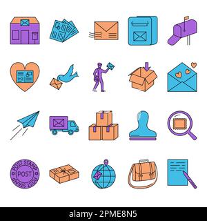 Post station and services icon set in line style. Mail delivery symbols ...