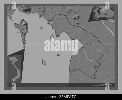 Kien Giang, province of Vietnam. Bilevel elevation map with lakes and rivers. Locations and names of major cities of the region. Corner auxiliary loca Stock Photo