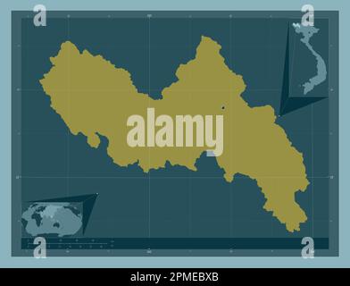 Lai Chau, province of Vietnam. Solid color shape. Locations of major cities of the region. Corner auxiliary location maps Stock Photo