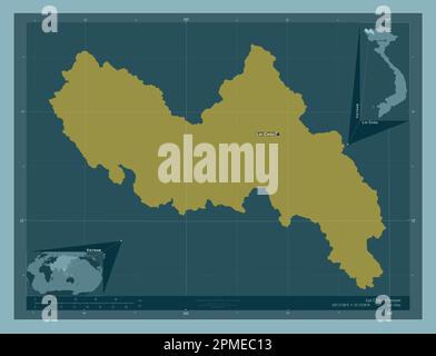 Lai Chau, province of Vietnam. Solid color shape. Locations and names of major cities of the region. Corner auxiliary location maps Stock Photo